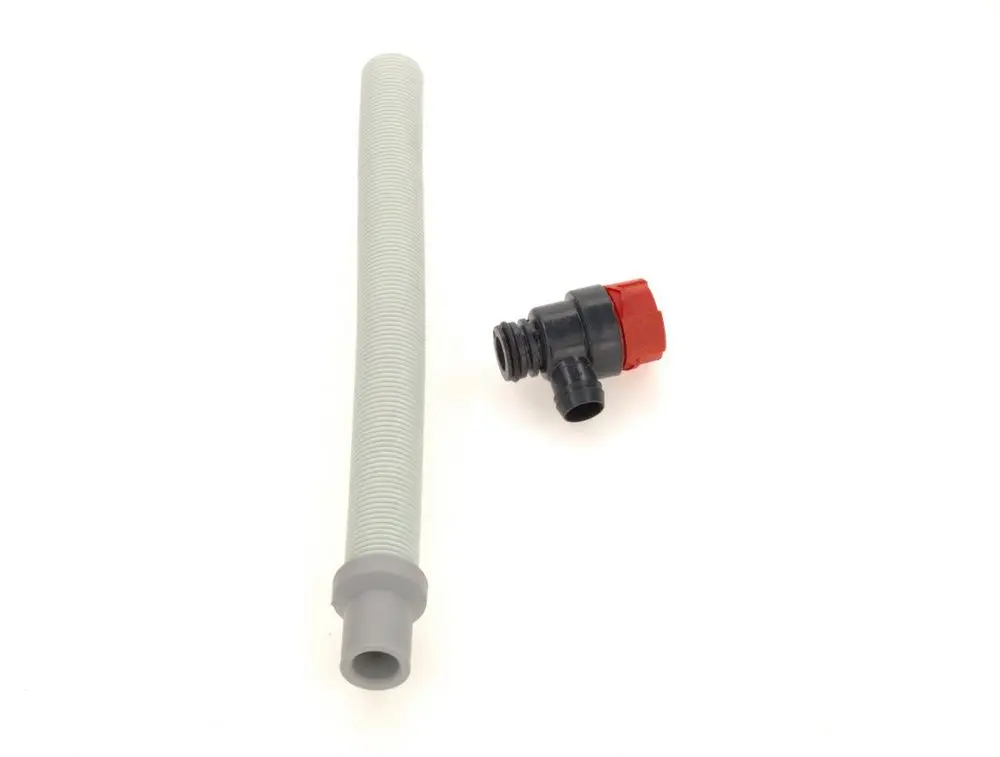 Grau gefärbter, flexibler Schlauch mit Außendurchmesser und einem schwarzen Anschlussstück mit rotem Deckel, hergestellt von Bosch.